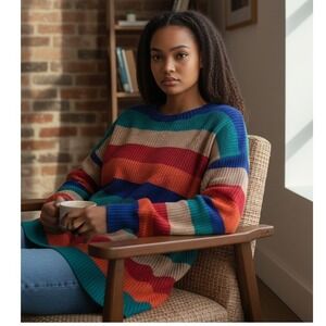 Umgee USA Womens Striped Knit Sweater Long Sleeve Multicolor Size M Fun Cozy